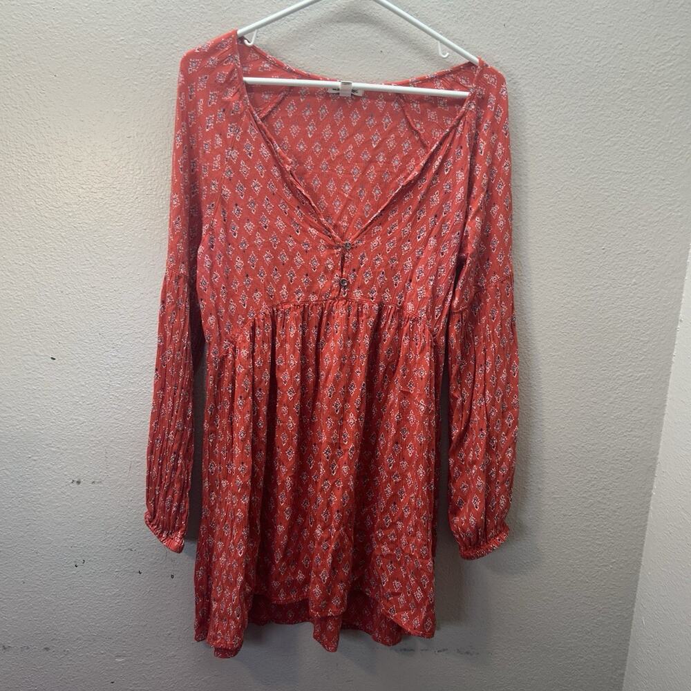 Billabong Red V Neck Long Sleeve Floral Mini Dress SZ‎ M Boho Surf Western